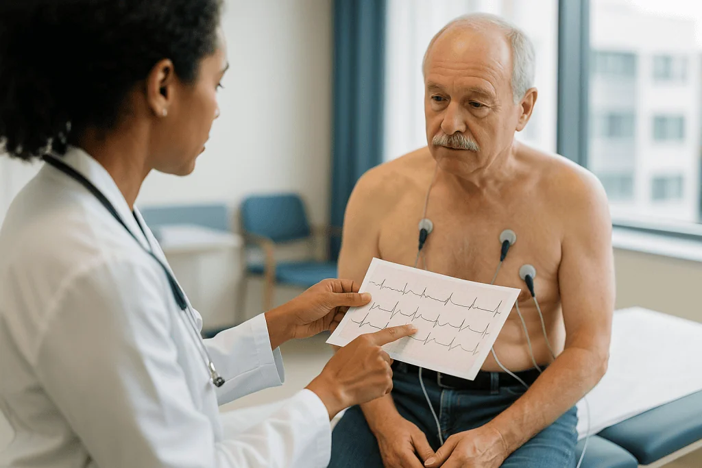 Doctor reviewing EKG results with shirtless patient: Reading the waves: P, QRS, T, and the intervals between them
