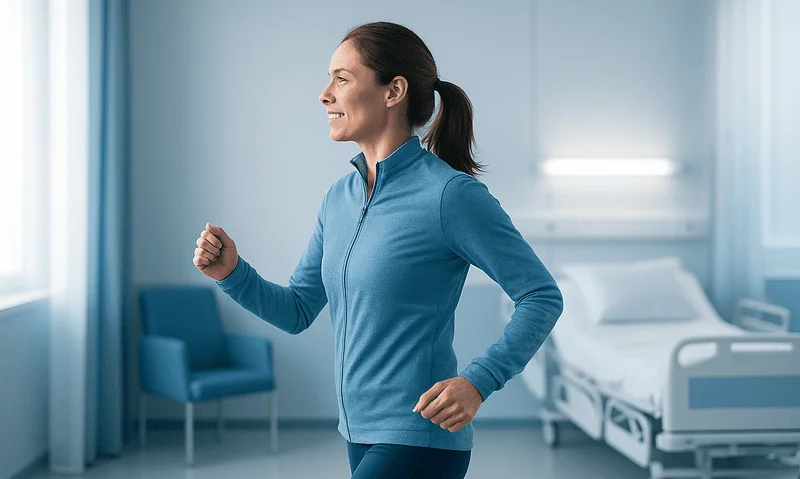 Healthy woman jogging in hospital room for autoimmune health.
