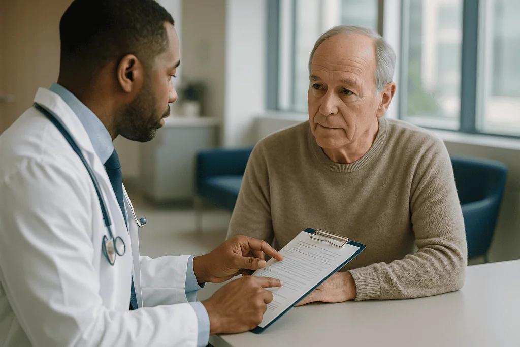 Doctor consulting with elderly patient about medical record: Reading your kidney numbers: eGFR, albumin and the CKD stages