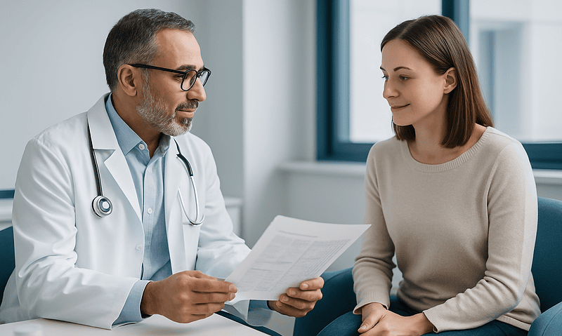 Doctor discussing test results with a patient in a medical office.
