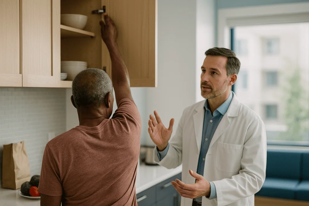 Doctor consulting patient in kitchen about healthy food: Realistic movement: how high can you expect to reach overhead?