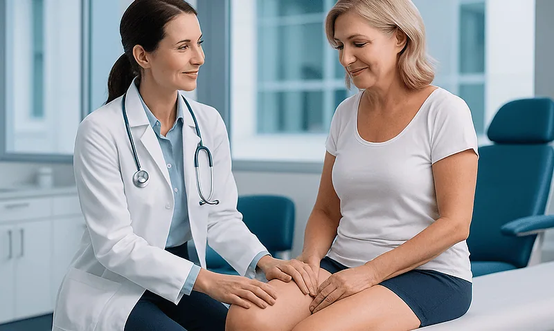 Doctor examining patient's knee in a medical consultation room.