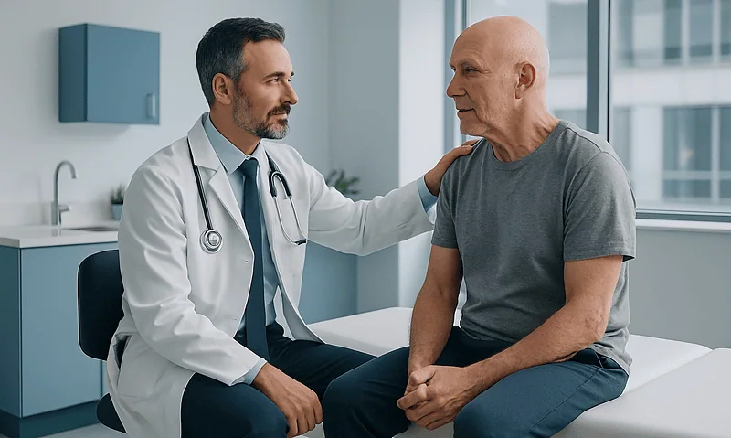 Rebuilding Strength After Acute Myeloid Leukemia Treatment: Nutrition, Activity and Rest 4 Doctor consulting with an elderly male patient in a modern clinic setting.