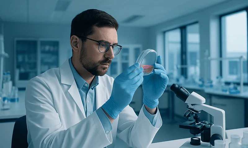 Research scientist examining a petri dish in a modern laboratory setting.