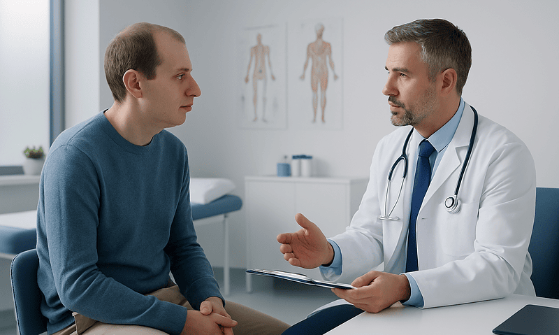 Doctor consulting with patient in a medical office setting.