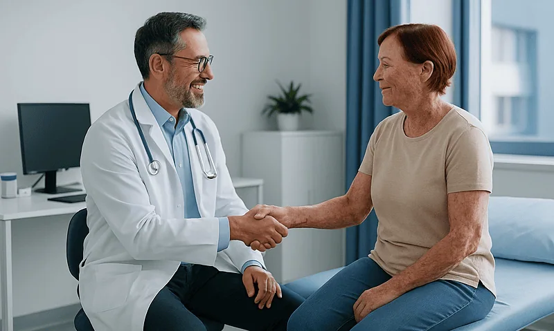 Doctor shaking hands with a patient in a medical consultation room.