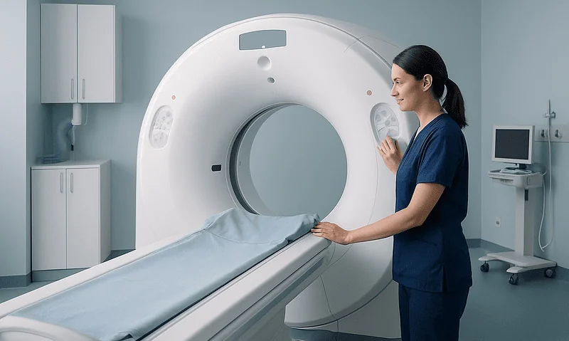 Medical professional prepares a patient for a CT scan in a hospital room.