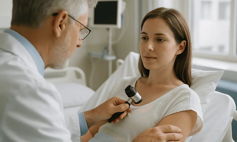 Doctor examining young woman's skin with a dermatoscope in hospital room.
