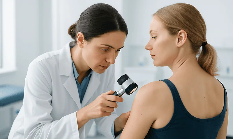 Dermatologist examining patient's skin with a magnifying glass in a clinical setting.