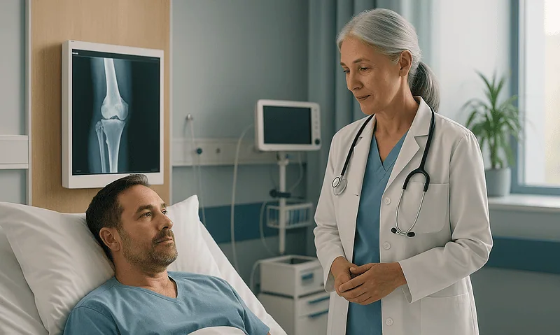 Doctor consulting with patient in hospital room with X-ray image.