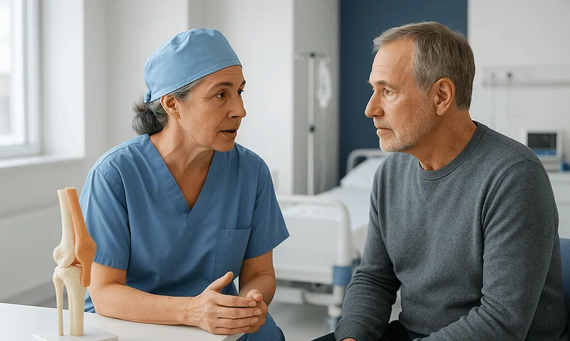 Doctor consulting with a male patient in a hospital room.
