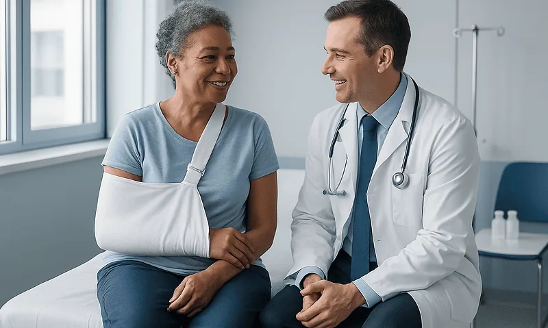 Doctor consulting with a patient with arm injury in hospital room.