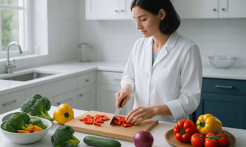 Woman preparing fresh vegetables in a modern kitchen for a healthy diet.