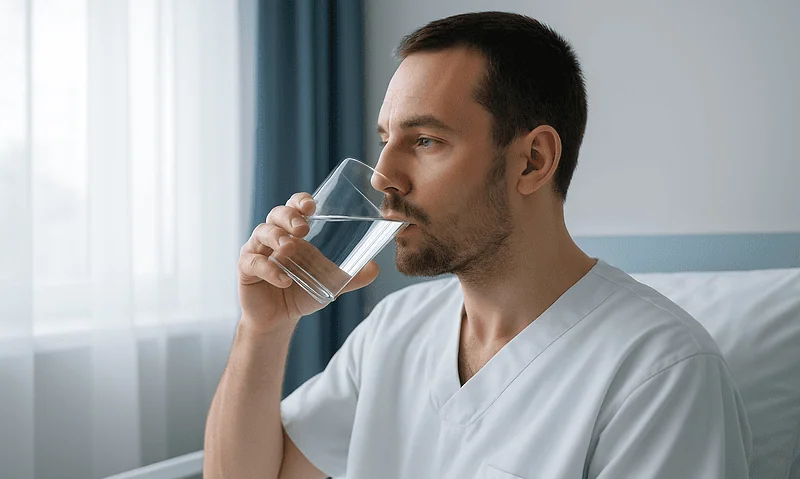 Male healthcare professional drinking water in a clinical setting.