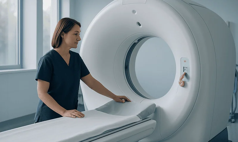 Medical technician prepares MRI scan in a modern hospital room.