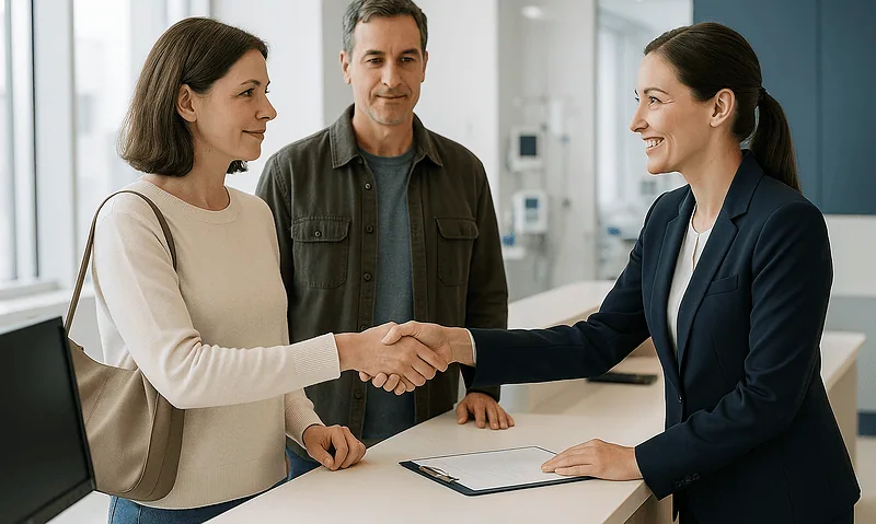 Hospital reception with a patient and staff member shaking hands.