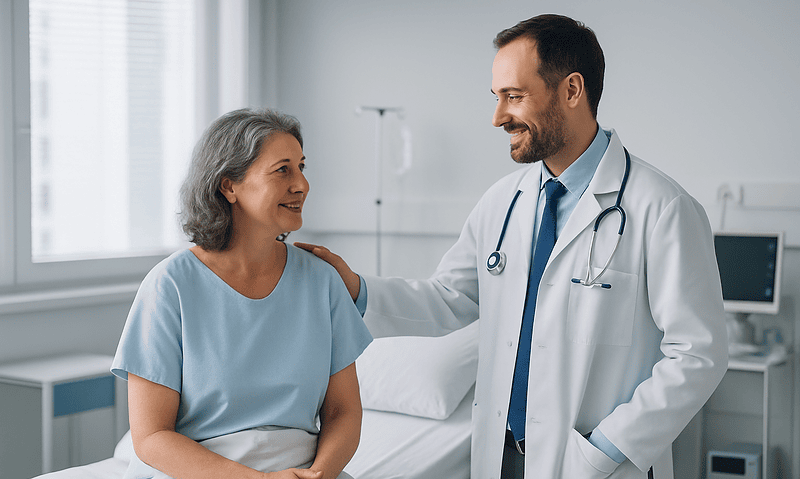 Doctor talking to a smiling female patient in hospital room.
