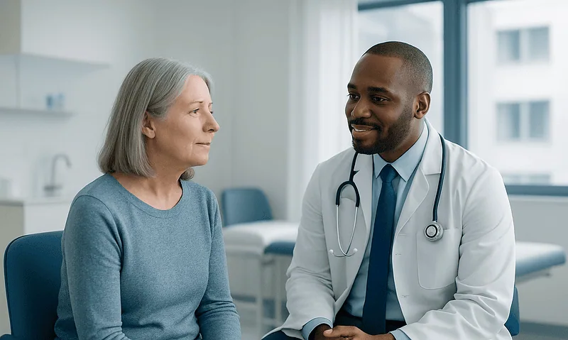 Doctor consulting with an elderly female patient in a medical office.
