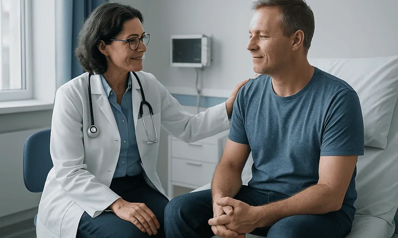 Doctor consulting with a male patient in a hospital room.