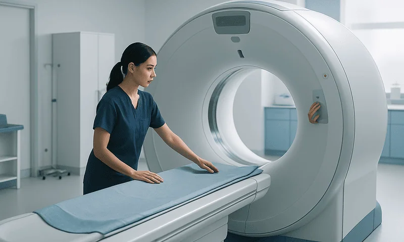 Medical professional preparing MRI scan in a modern hospital room.