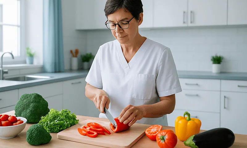 Woman chopping red bell pepper in a modern kitchen.
