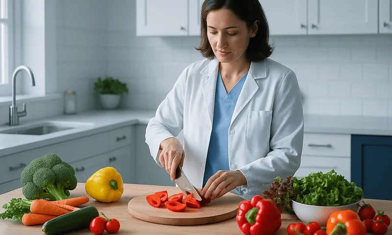 Female doctor preparing fresh vegetables in a modern kitchen.