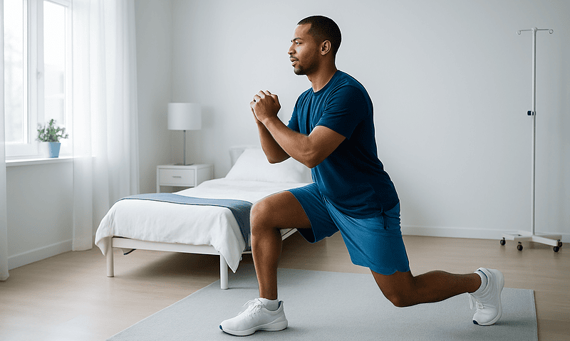 Man doing lunges in a hospital room for recovery exercise.