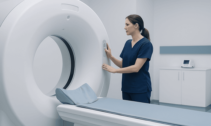Female healthcare professional prepares MRI scan in a modern hospital room.