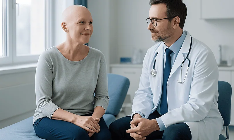 Oncologist consulting with a patient in a hospital room.