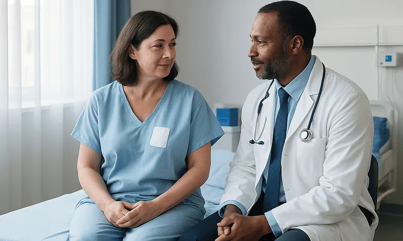 Doctor consulting with female patient in hospital room.