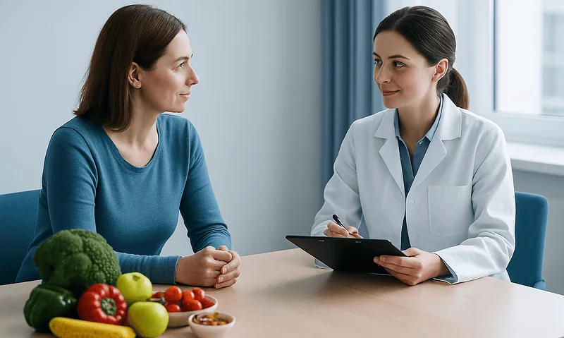 Doctor consulting with patient about post-surgery care and nutrition.