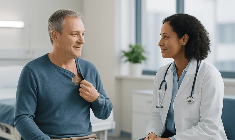 Patient consulting with doctor about neuromodulation device recovery.
