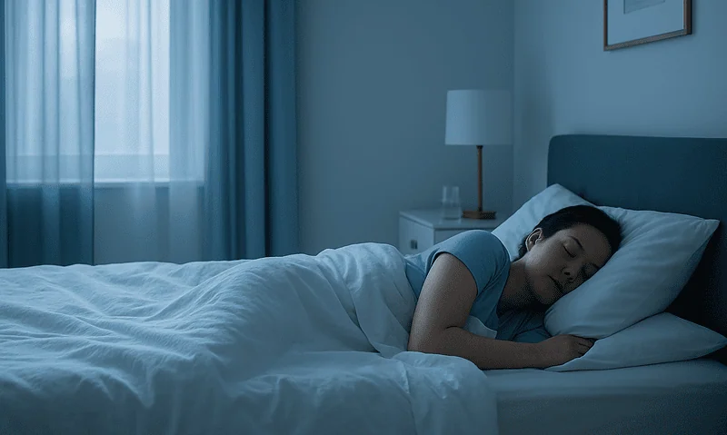 Young woman sleeping peacefully in a modern bedroom after breast fat transfer recovery.