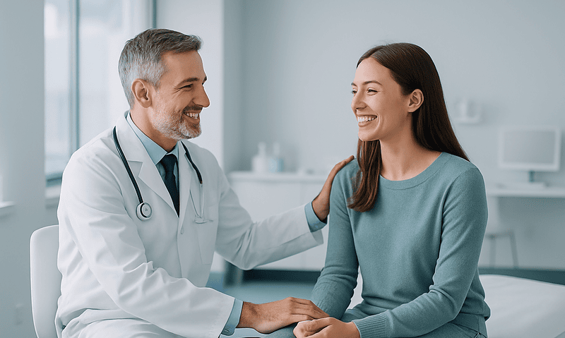 Dentist consulting with a smiling female patient in a modern clinic.