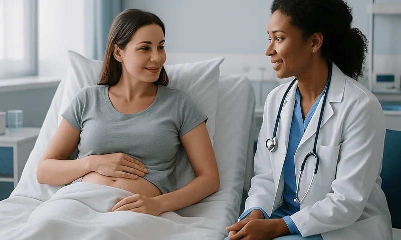Female patient consulting with doctor in hospital room.