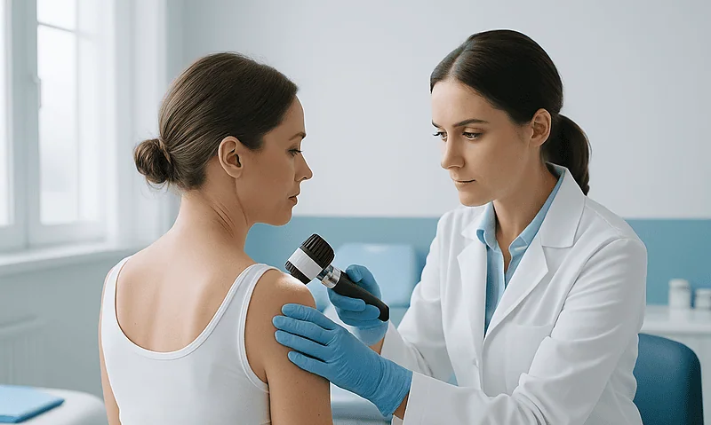 Doctor examining patient's shoulder after melanoma surgery in a clinical setting.