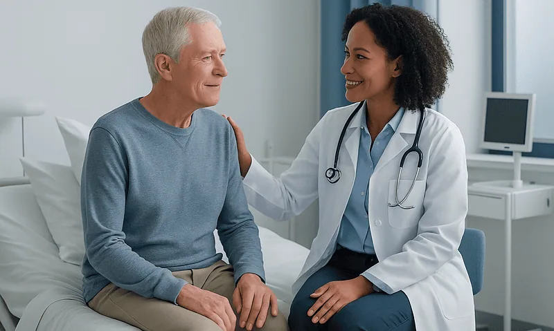 Doctor consulting with elderly male patient in hospital room.