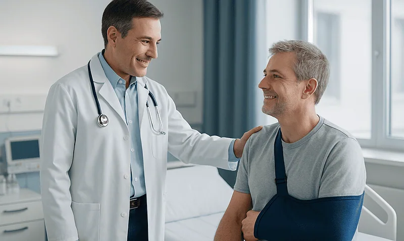 Doctor talking to patient with arm cast in hospital room.