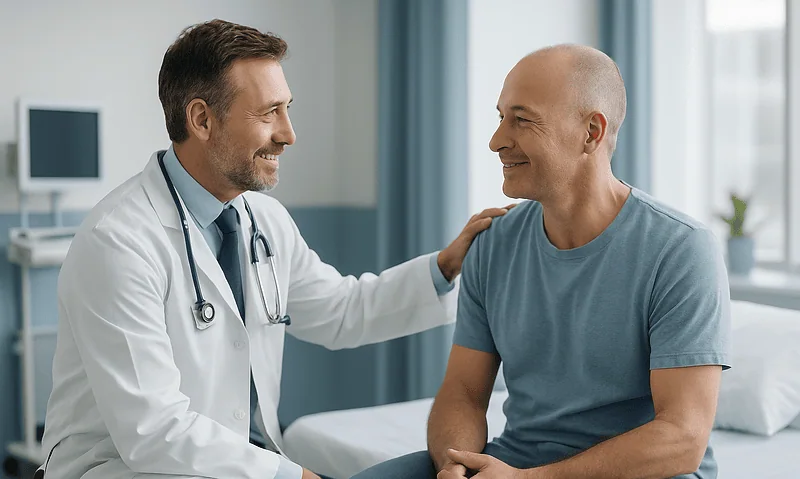 Doctor consulting with a patient in a hospital room.
