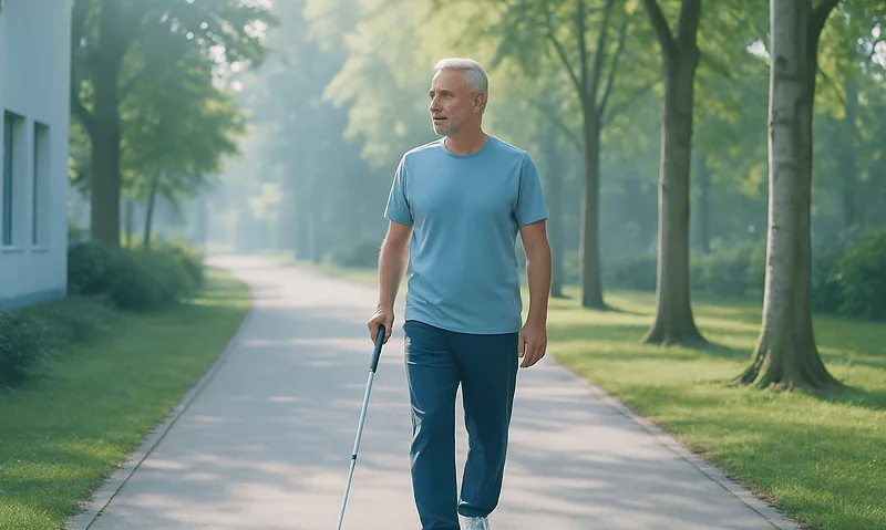 Elderly man walking outdoors with a cane in a park setting.