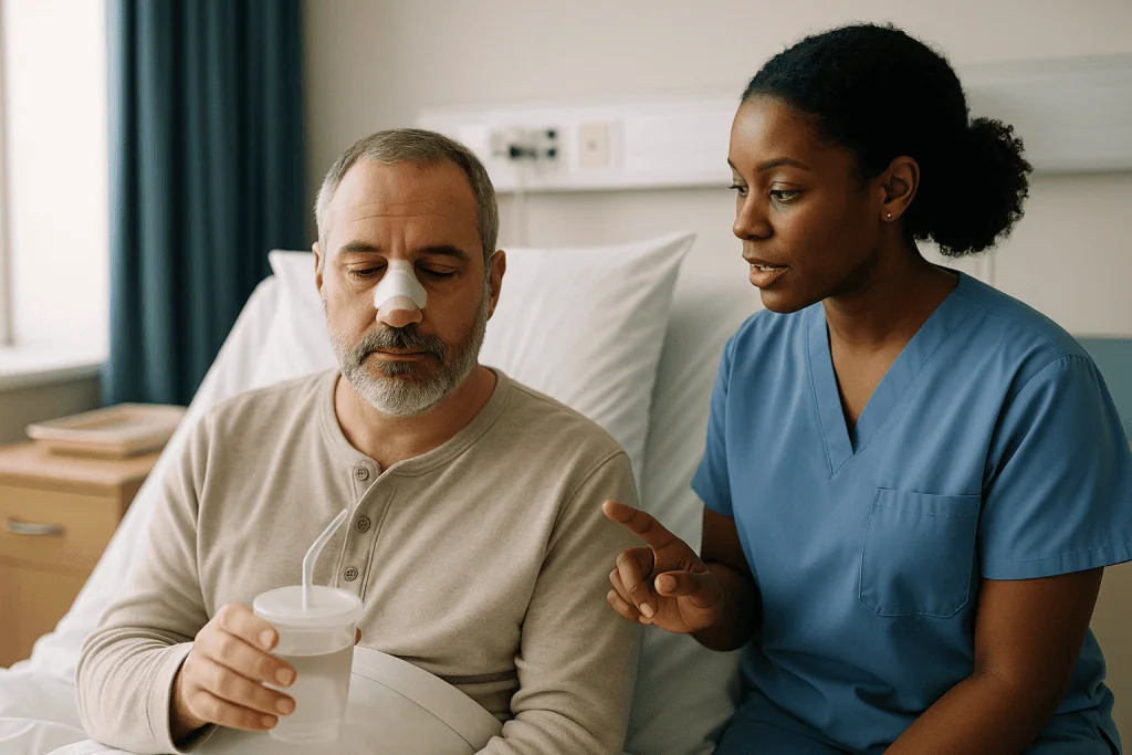 Healthcare worker consulting with patient in hospital bed: Recovery after neuroendoscopic surgery: the first days in hospita