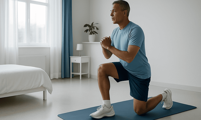 Man performing knee exercise in a bright, modern room.