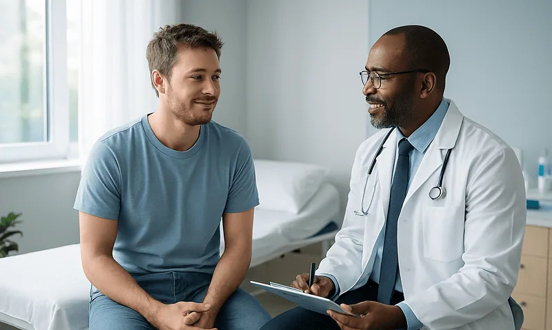 Recovery After Phimosis Surgery: Wound Care, Loose Clothing and When Swimming Is Allowed 4 Doctor consulting with young male patient in a hospital room.