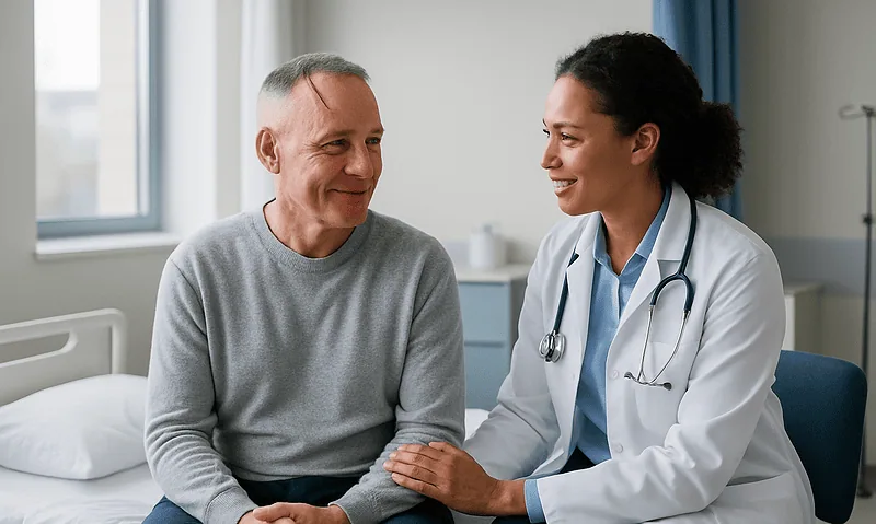 Doctor consulting with a male patient in a hospital room.