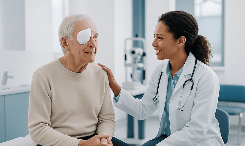Doctor examining elderly patient's eye with an eye patch in clinic.
