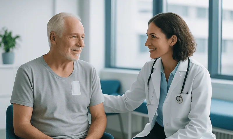 Doctor comforting elderly patient after lung surgery in hospital.