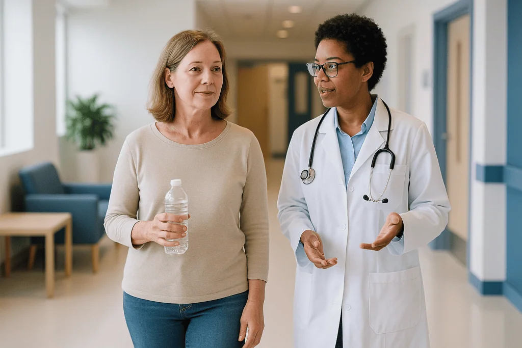 Doctor and patient walking and conversing in hospital corridor: Recovery after thyroidectomy from week three onward