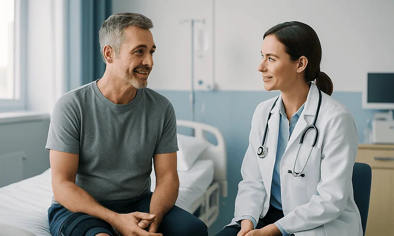 Patient and doctor having a consultation in hospital room.
