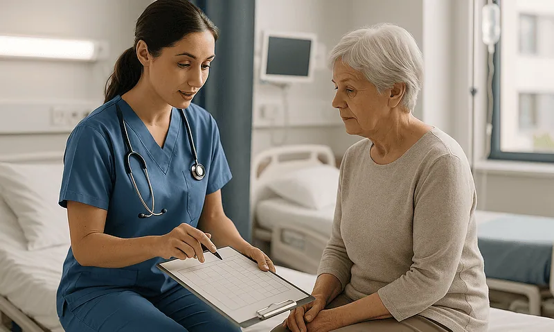 Nurse consulting with elderly patient in hospital room.