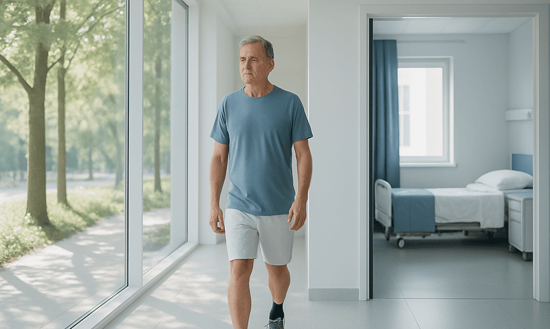 Middle-aged man walking in hospital corridor after surgery recovery.